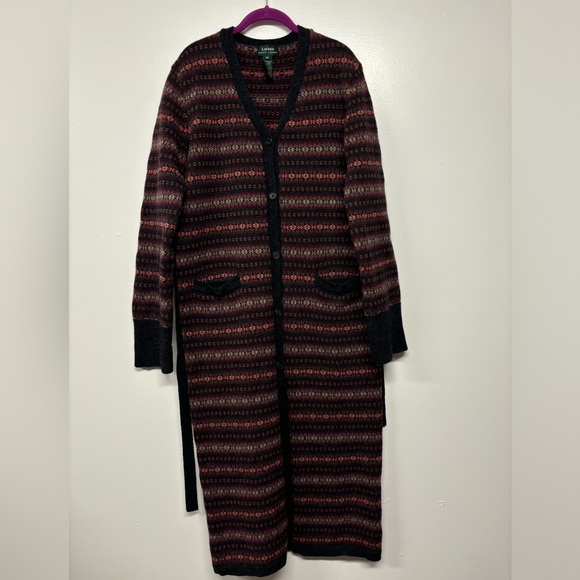 Vintage Lauren Ralph Lauren 100% Wool Long Knit Cardigan Sweater Size XL